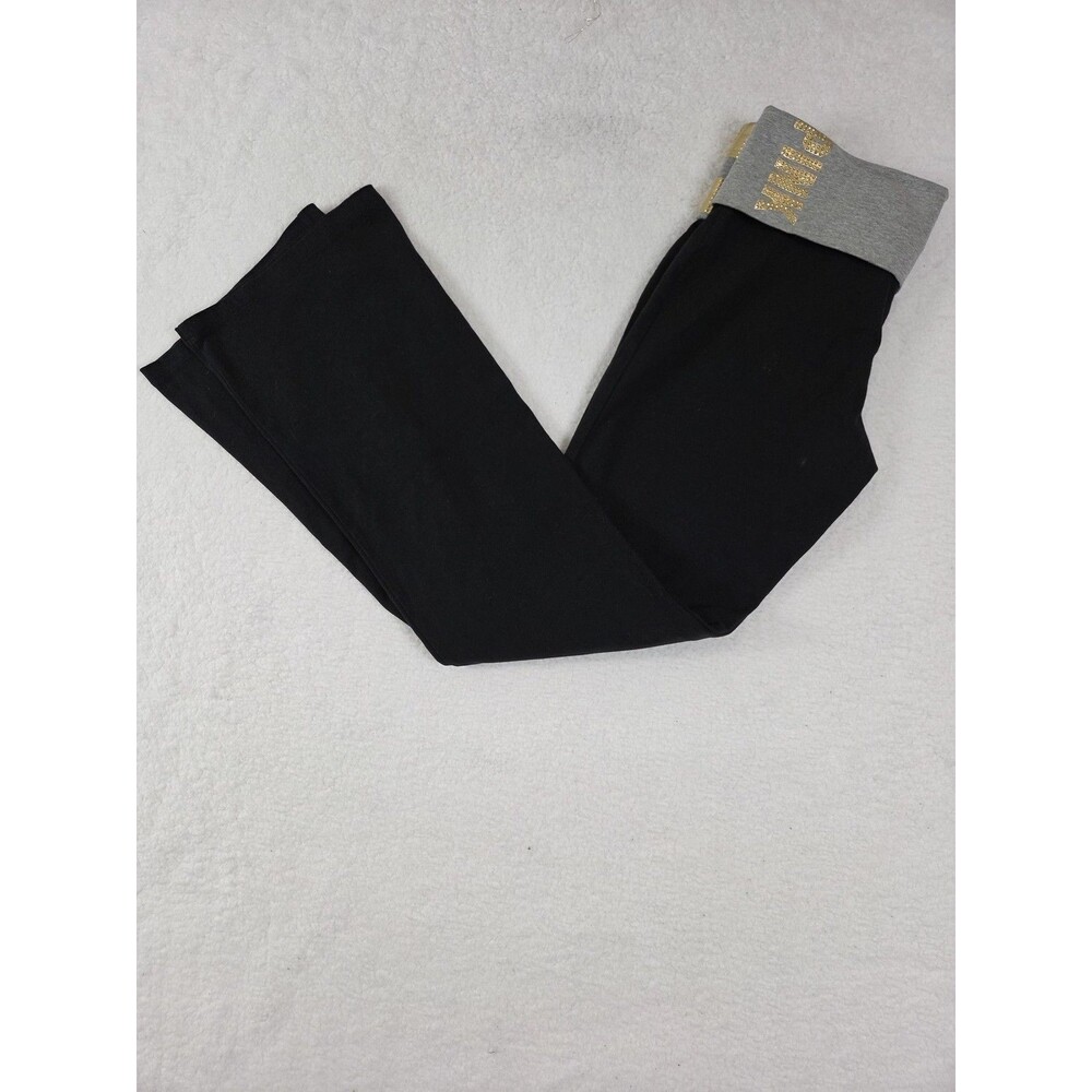 Vtg Y2K VS PINK Yoga‎ Foldover Flare Pants M Logo Bling 2010 Workout Casual